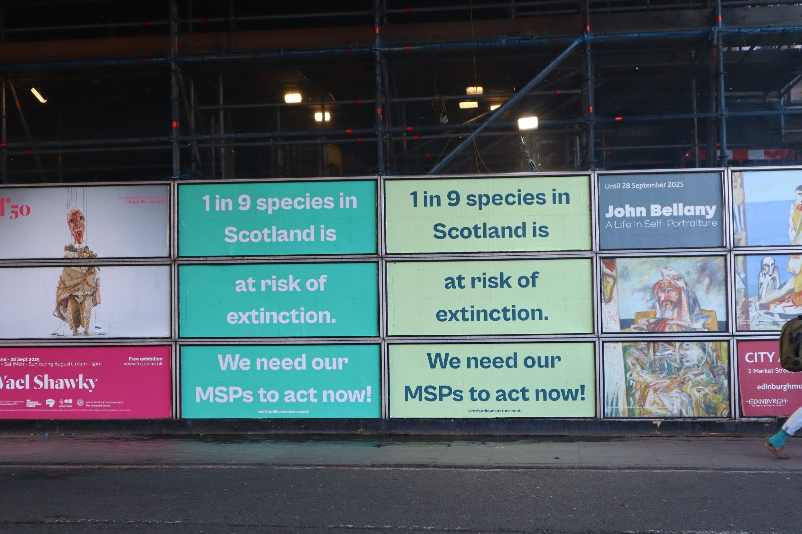 Two billboards side by side which state "1 in 9 species in Scotland is at risk of extinction. We need our MSPs to act now!"